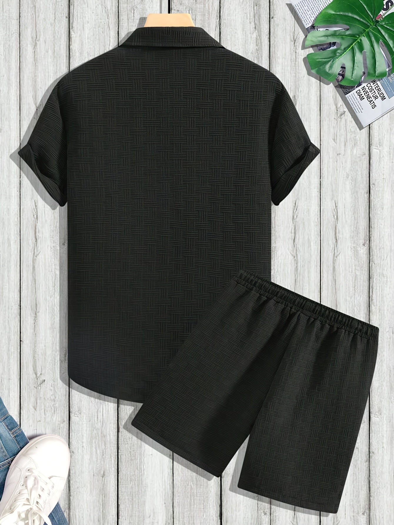 Men's lightweight summer beach set: casual short sleeved button up shirt and elastic waisted shorts - polyester fiber blend, breathable fabric, ideal vacation clothing, beach casual clothing | short sleeved shirt | comfortabl