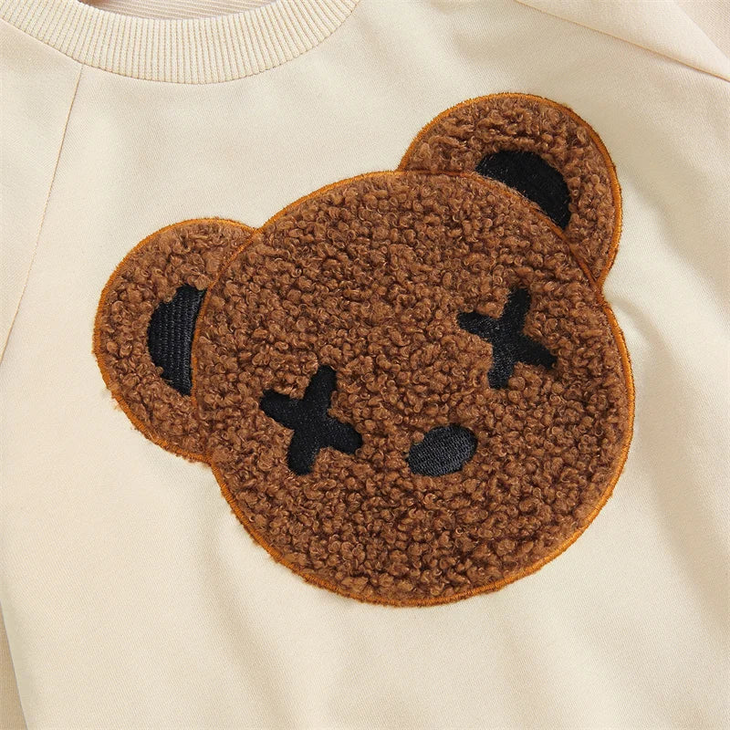1-5 Years Kid Boys Girls 2Pcs Tracksuit Suits Fall Baby Plush Cartoon Bear Long Sleeves Sweatshirt Top + Elastic Waist Pants