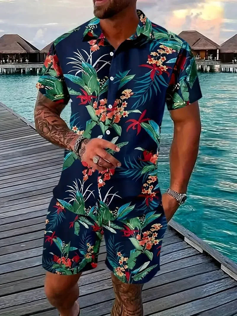Men Shirt Sets 3d Printed Retro Floral Short Sleeve Casual Oversized Beach Shorts Summer Streetwear Hawaiian Suits Clothing