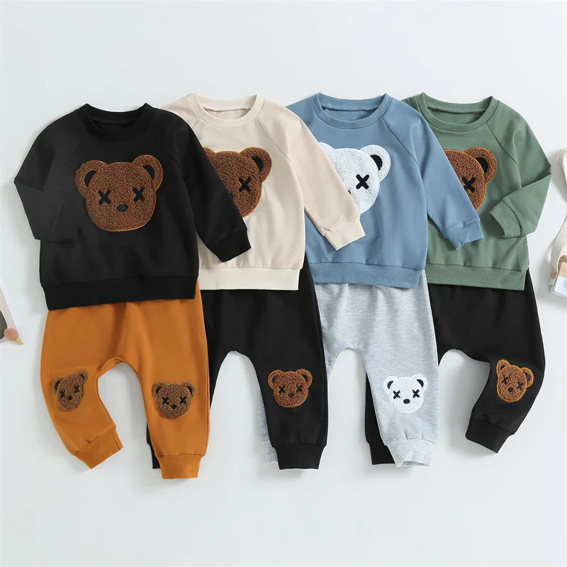 1-5 Years Kid Boys Girls 2Pcs Tracksuit Suits Fall Baby Plush Cartoon Bear Long Sleeves Sweatshirt Top + Elastic Waist Pants