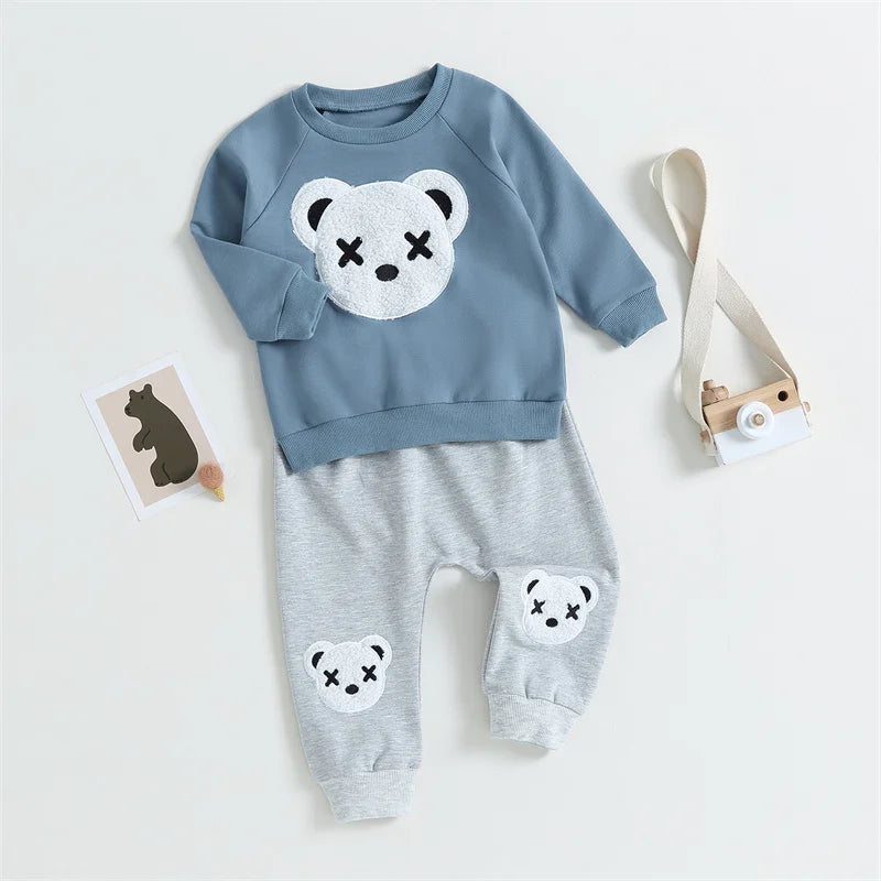 1-5 Years Kid Boys Girls 2Pcs Tracksuit Suits Fall Baby Plush Cartoon Bear Long Sleeves Sweatshirt Top + Elastic Waist Pants