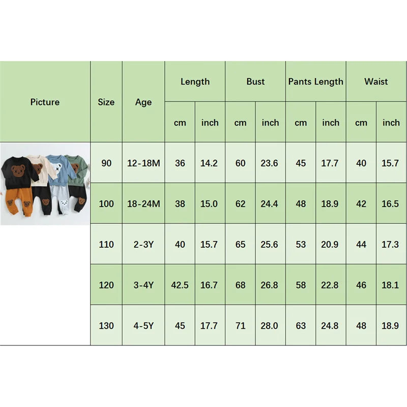 1-5 Years Kid Boys Girls 2Pcs Tracksuit Suits Fall Baby Plush Cartoon Bear Long Sleeves Sweatshirt Top + Elastic Waist Pants