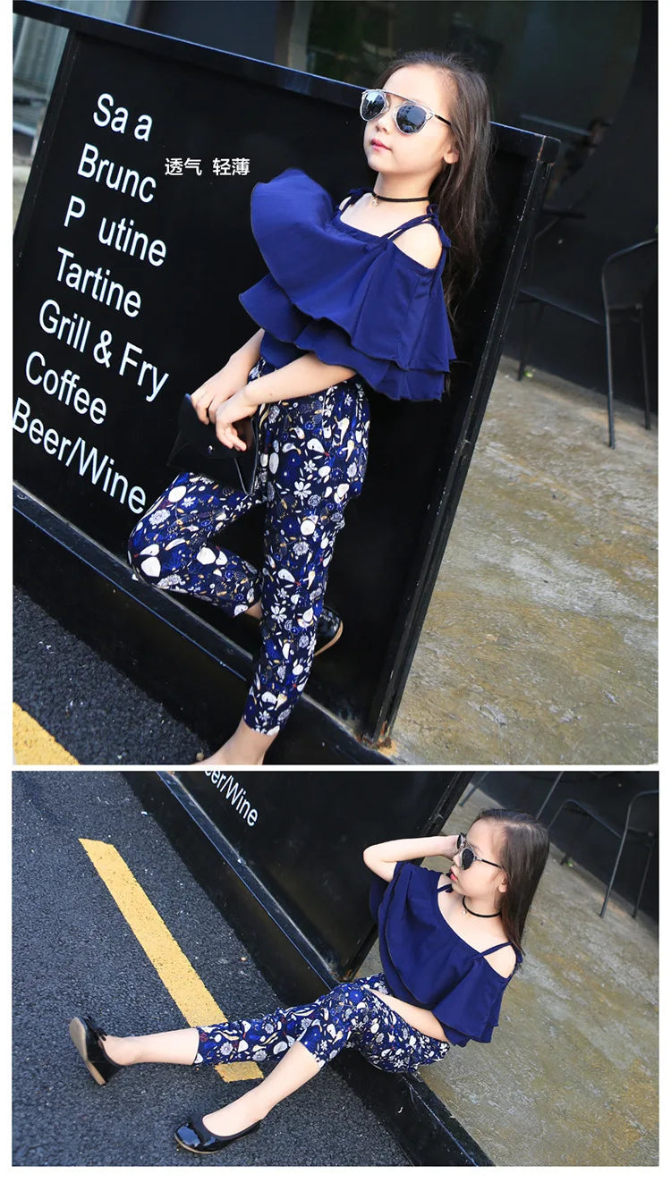 Summer Teen Girls Flower Chiffon Clothing Set Children Off Shoulder tops Floral Pants Kids Outfits Girl Clothes For 8 12 14Years