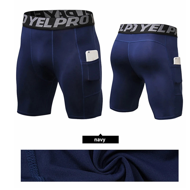Men Compression Shorts Running Training Fitness Shorts Breathable Active Workout Underwear with Pocke