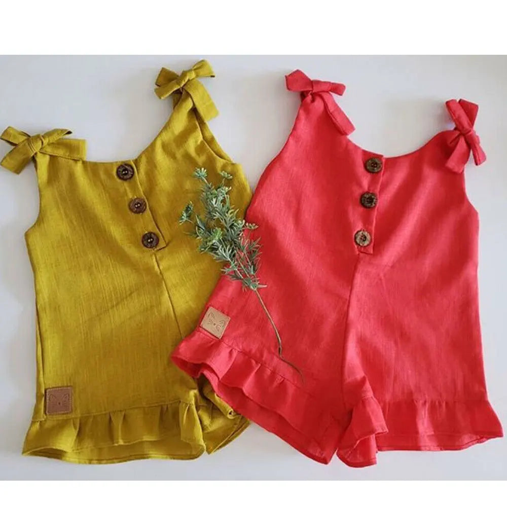 1-6Y New Baby Girl Cotton Linen Clothes Girls Ruffle Romper Kids Jumpsuit Summer Sleeveless Button Overalls Outfits