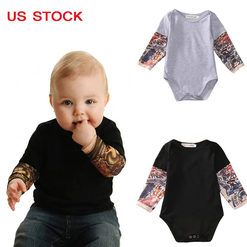 Baby Bodysuit Boys Girls Tattoo Printed Patchwork Jumpsuit Newborn Costume Casual Outfits Toddler Infant Kids Clothes Bodysuits