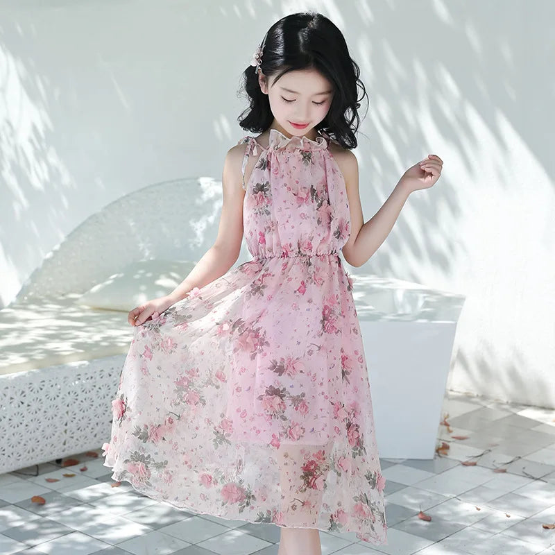 Bohemian Summer Girls Flower Dress Kids Girl Beach Dresses Chiffon Kids Dresses Floral Teenager Girls Clothes 6 8 10 12 14 Year