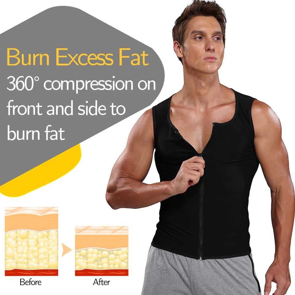 Men Sauna Sweat Vest Waist Trainer Corset Zipper Workout Tank Top Slimming Body Shaper Compression Shirt Weight Loss Fat Burner