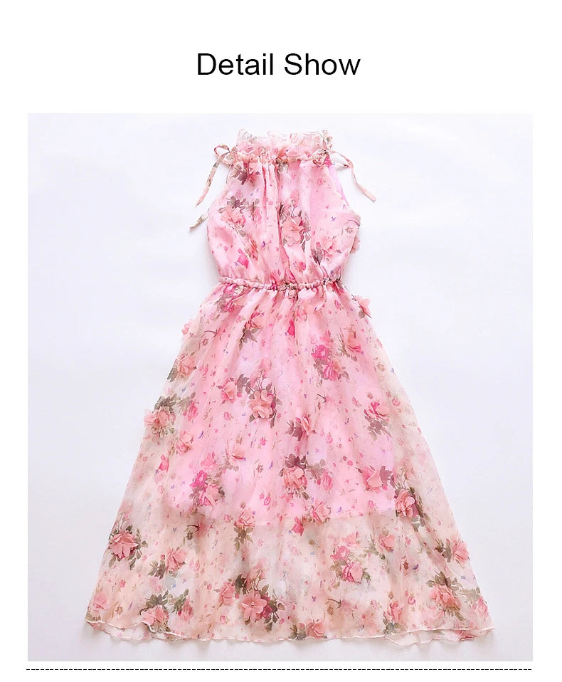 Bohemian Summer Girls Flower Dress Kids Girl Beach Dresses Chiffon Kids Dresses Floral Teenager Girls Clothes 6 8 10 12 14 Year