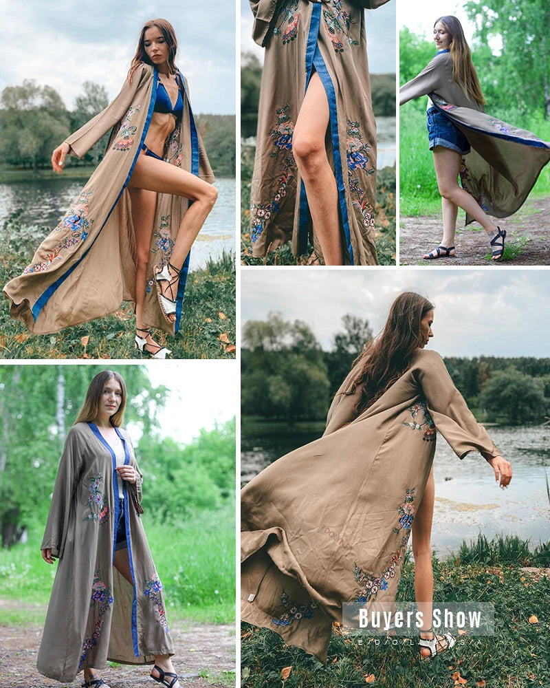 Embroidery Kaftan Beach Tunic Beach Cover up Saida de Praia Swimsuit Women Bikini cover up Pareo Sarong Beachwear Q882