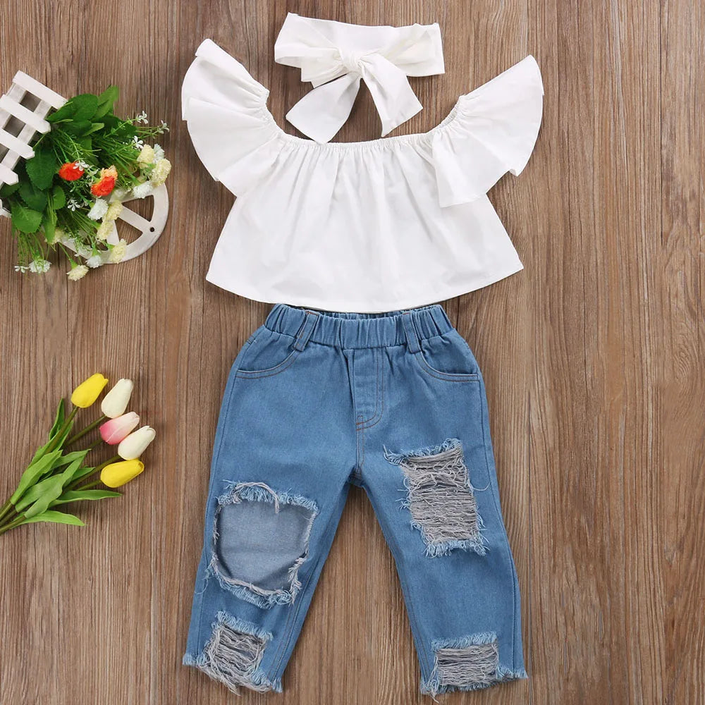 US Stock Fashion Toddler Girls Kids 2-6 Years Clothes Set Off Shoulder Tops Denim Pants Jeans Outfits Set Clothes 1-6Y