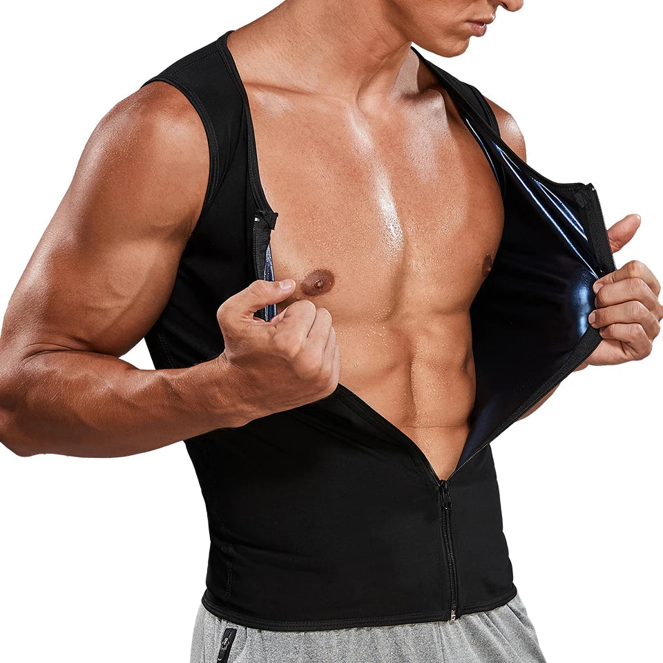Men Sauna Sweat Vest Waist Trainer Corset Zipper Workout Tank Top Slimming Body Shaper Compression Shirt Weight Loss Fat Burner