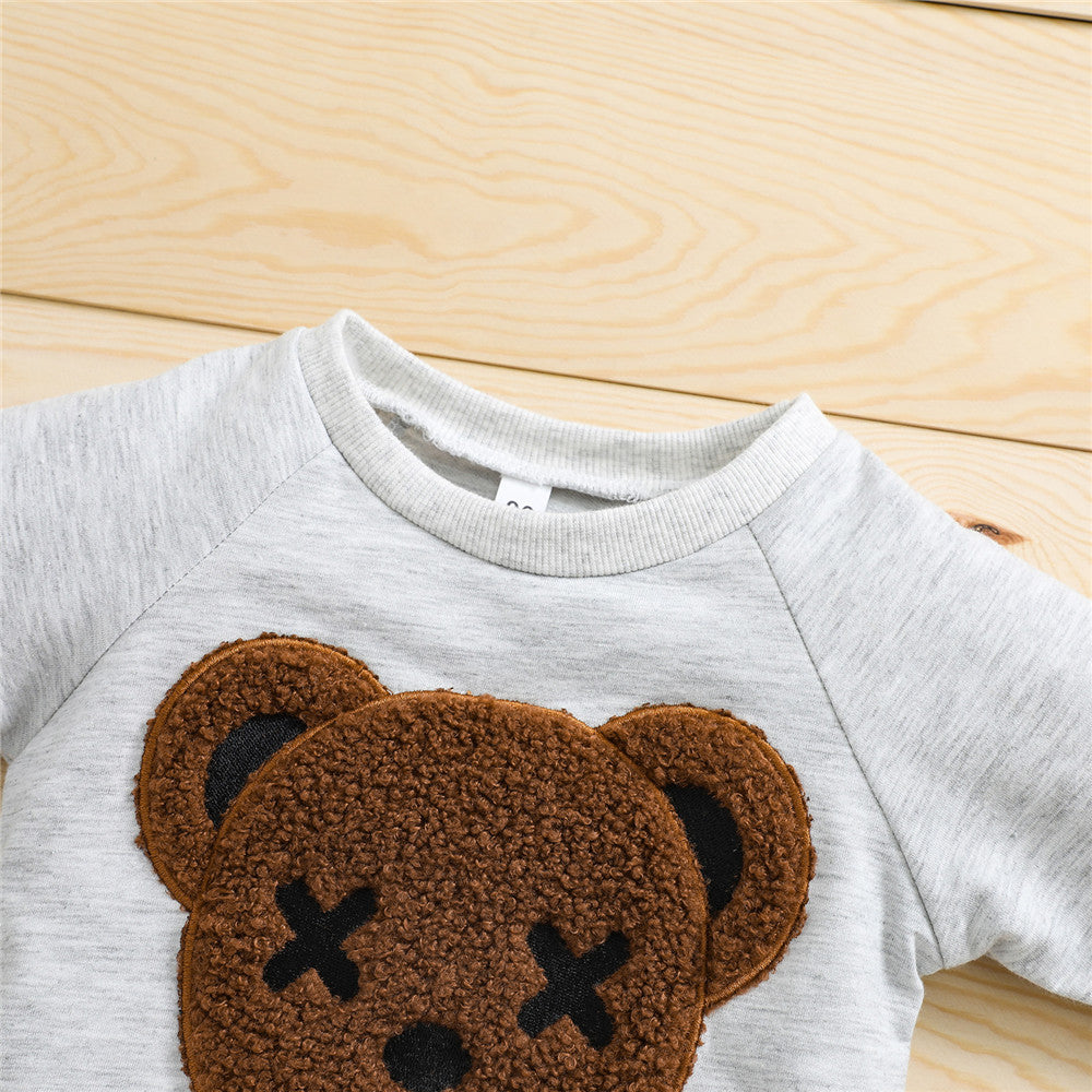 1-5 Years Kid Boys Girls 2Pcs Tracksuit Suits Fall Baby Plush Cartoon Bear Long Sleeves Sweatshirt Top + Elastic Waist Pants