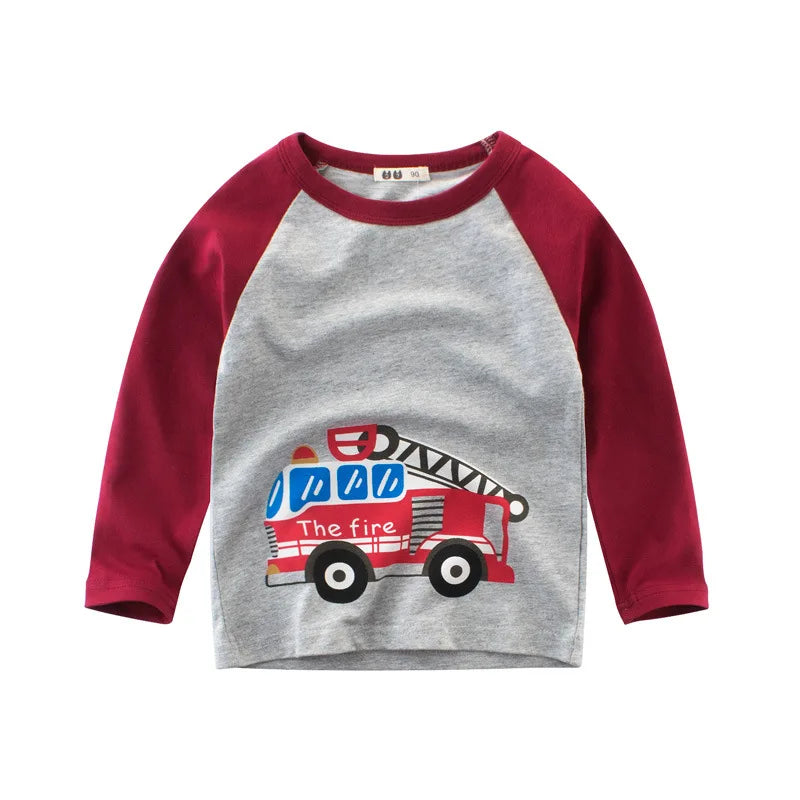 2024 Autumn T Shirt Cartoon Car T-shirt Boys Girls Baby Kids Clothes Cotton Long Sleeve Top for Boy Children's Clothing 2-9 Year
