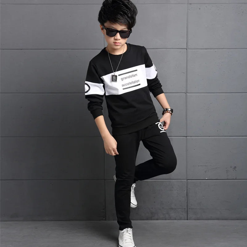 2024 autumn winter Boys Tracksuit velvet Children Sets Cotton striped letter T-Shirt + long Pants 2Pcs Suit Clothes 8 10 12 year