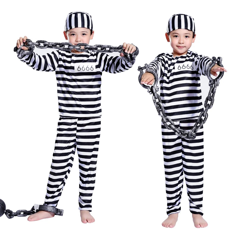 Umorden Carnival Party Halloween Prisoner Costume for Men Women Kids Child Family Violent Prisoner Costumes Fancy Dresses Set