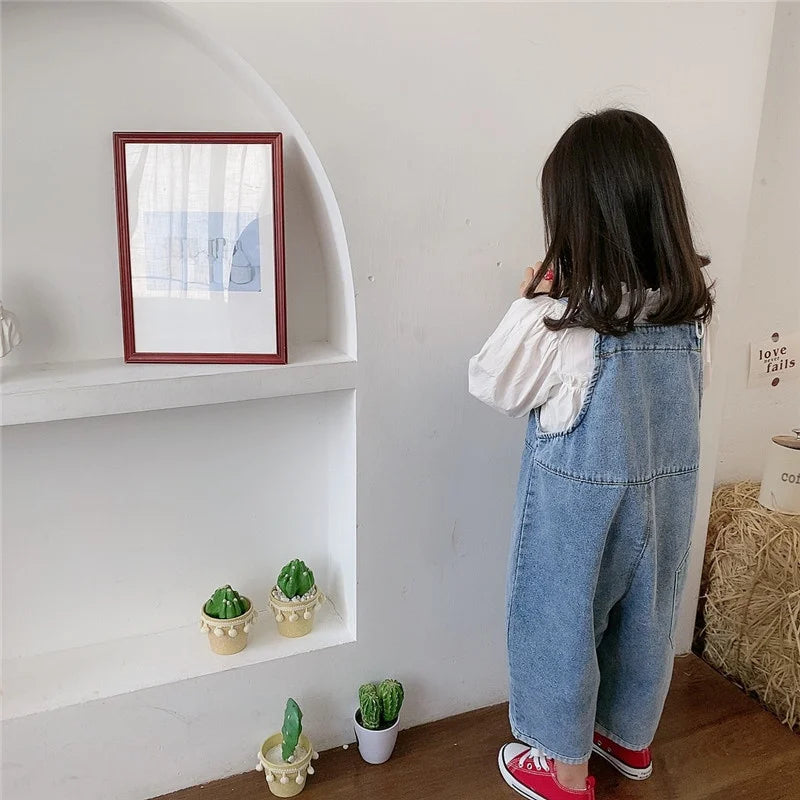 Korean style Spring Fall Kids Children Oversized Wide Leg Denim Overalls Baby Clothes Boys Girls Loose All-match Casual Pants