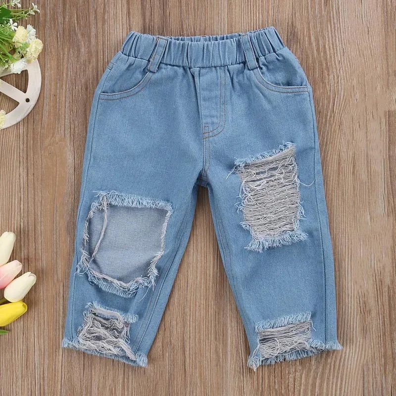 US Stock Fashion Toddler Girls Kids 2-6 Years Clothes Set Off Shoulder Tops Denim Pants Jeans Outfits Set Clothes 1-6Y