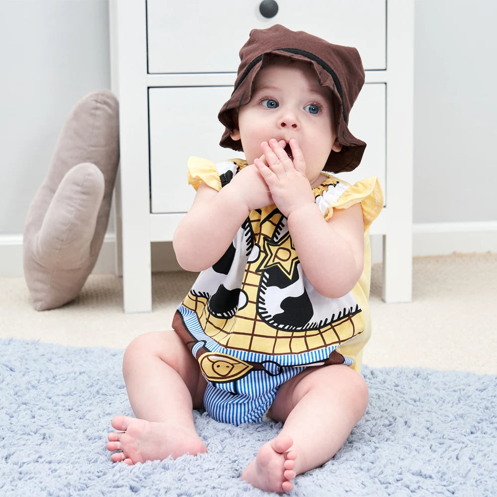 Umorden Infant Toddler Baby Cartoon Dinosaur Panda Chef Duck Cowboy Costume Summer Short Rompers Bodysuit Halloween Fancy Dress