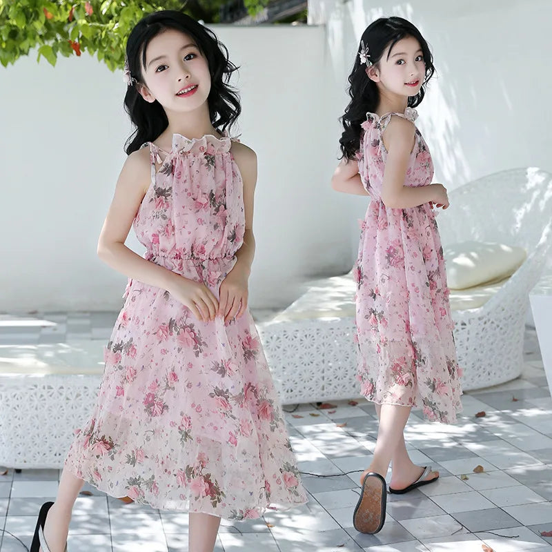 Bohemian Summer Girls Flower Dress Kids Girl Beach Dresses Chiffon Kids Dresses Floral Teenager Girls Clothes 6 8 10 12 14 Year