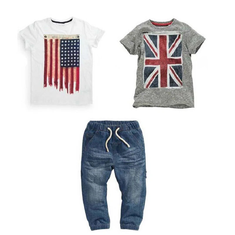 2024 Summer Boys Outfits Set 3Pcs Kids Random Cool Clothes Toddler T-Shirt + Jeans + Scarf Fashion Suits Children's Clothing Set