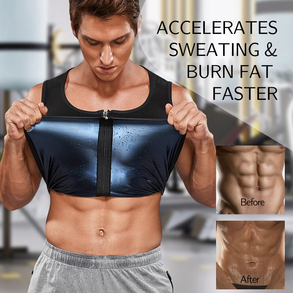 Men Sauna Sweat Vest Waist Trainer Corset Zipper Workout Tank Top Slimming Body Shaper Compression Shirt Weight Loss Fat Burner