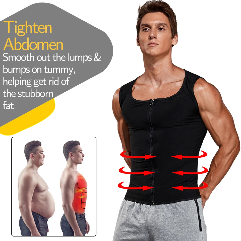 Men Sauna Sweat Vest Waist Trainer Corset Zipper Workout Tank Top Slimming Body Shaper Compression Shirt Weight Loss Fat Burner