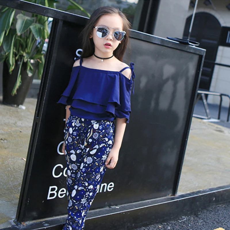 Summer Teen Girls Flower Chiffon Clothing Set Children Off Shoulder tops Floral Pants Kids Outfits Girl Clothes For 8 12 14Years