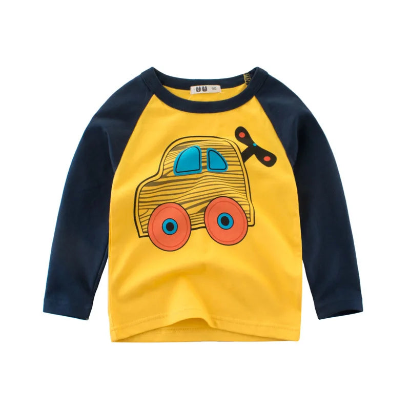 2024 Autumn T Shirt Cartoon Car T-shirt Boys Girls Baby Kids Clothes Cotton Long Sleeve Top for Boy Children's Clothing 2-9 Year