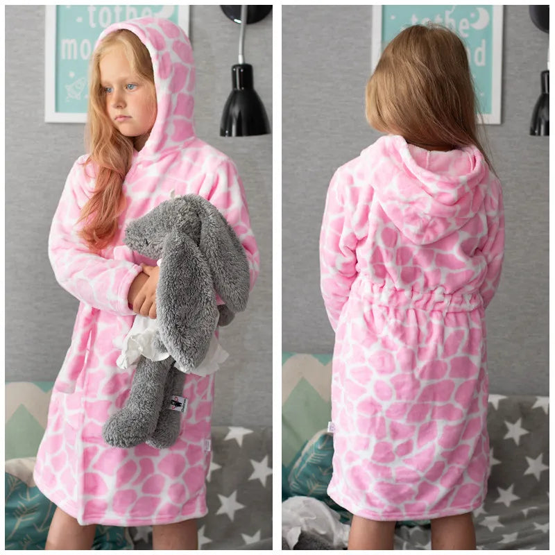 Boy and Girls Flannel Pajamas Robe Autumn and Winter Children Sleepwear Soft Hooded Kids Homewear 2-8 Years