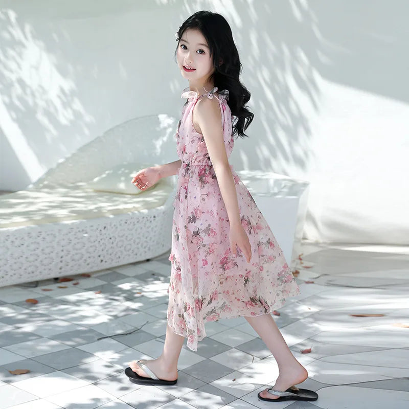 Bohemian Summer Girls Flower Dress Kids Girl Beach Dresses Chiffon Kids Dresses Floral Teenager Girls Clothes 6 8 10 12 14 Year