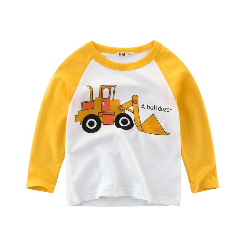 2024 Autumn T Shirt Cartoon Car T-shirt Boys Girls Baby Kids Clothes Cotton Long Sleeve Top for Boy Children's Clothing 2-9 Year