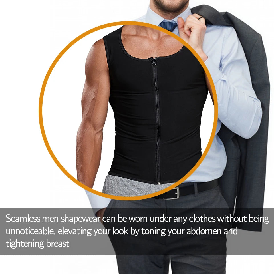 Men Sauna Sweat Vest Waist Trainer Corset Zipper Workout Tank Top Slimming Body Shaper Compression Shirt Weight Loss Fat Burner