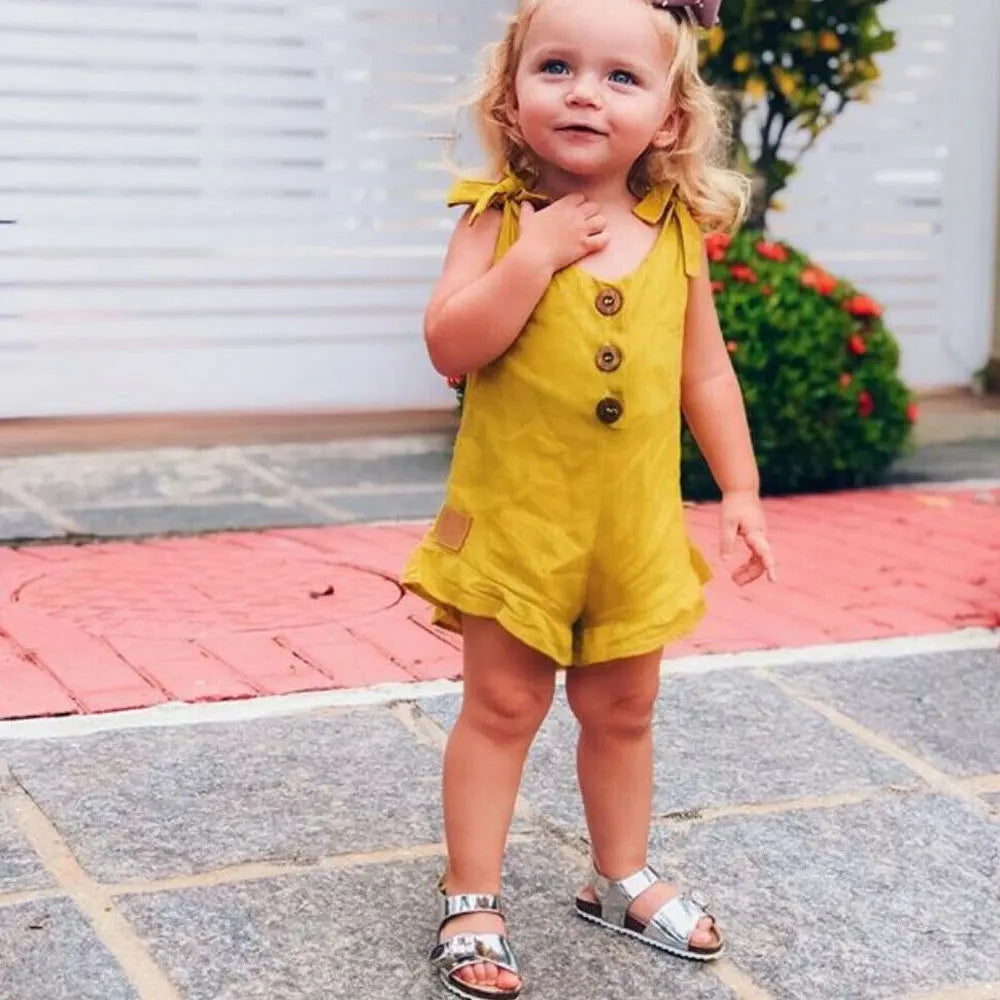1-6Y New Baby Girl Cotton Linen Clothes Girls Ruffle Romper Kids Jumpsuit Summer Sleeveless Button Overalls Outfits