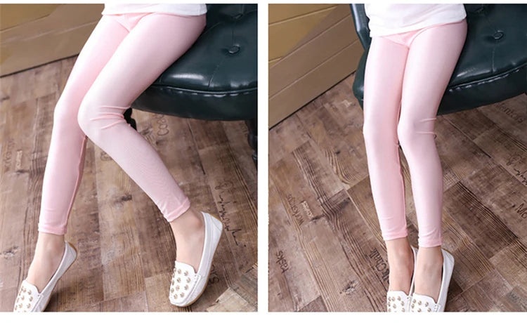 2-14 Years Girls Skinny Long Pants Shiny Black White Pink Children Bottoms Leggings Kids Elastic Trousers All-matches Leggings