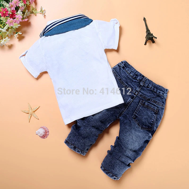 2024 Summer Boys Outfits Set 3Pcs Kids Random Cool Clothes Toddler T-Shirt + Jeans + Scarf Fashion Suits Children's Clothing Set
