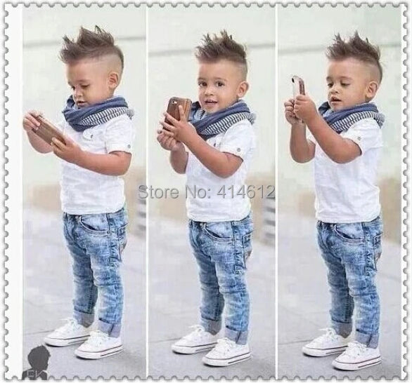 2024 Summer Boys Outfits Set 3Pcs Kids Random Cool Clothes Toddler T-Shirt + Jeans + Scarf Fashion Suits Children's Clothing Set