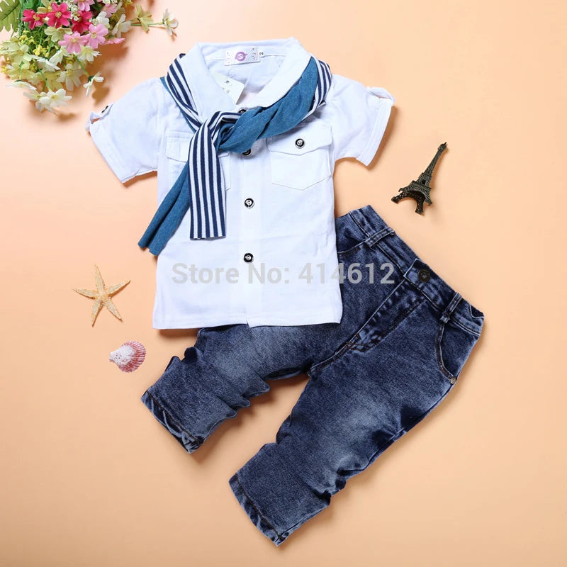2024 Summer Boys Outfits Set 3Pcs Kids Random Cool Clothes Toddler T-Shirt + Jeans + Scarf Fashion Suits Children's Clothing Set