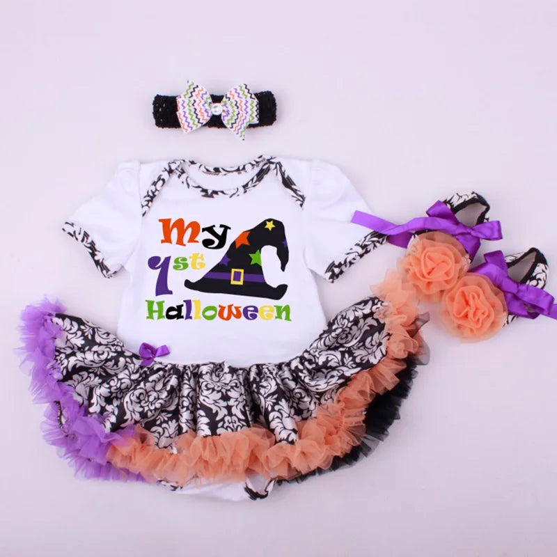 Halloween Baby Girl Clothing Sets Pumpkin Romper Dress Jumpersuit+Headband+Shoes 3pcs Suit Bebe Infant Festival Costumes