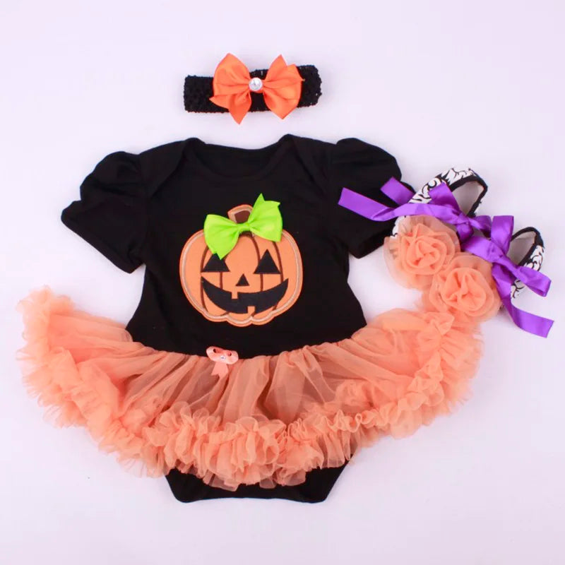 Halloween Baby Girl Clothing Sets Pumpkin Romper Dress Jumpersuit+Headband+Shoes 3pcs Suit Bebe Infant Festival Costumes
