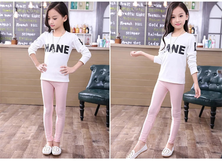 2-14 Years Girls Skinny Long Pants Shiny Black White Pink Children Bottoms Leggings Kids Elastic Trousers All-matches Leggings