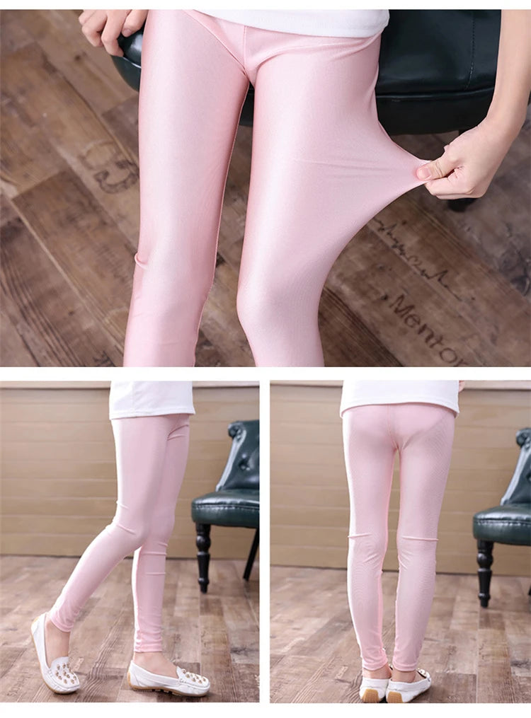 2-14 Years Girls Skinny Long Pants Shiny Black White Pink Children Bottoms Leggings Kids Elastic Trousers All-matches Leggings