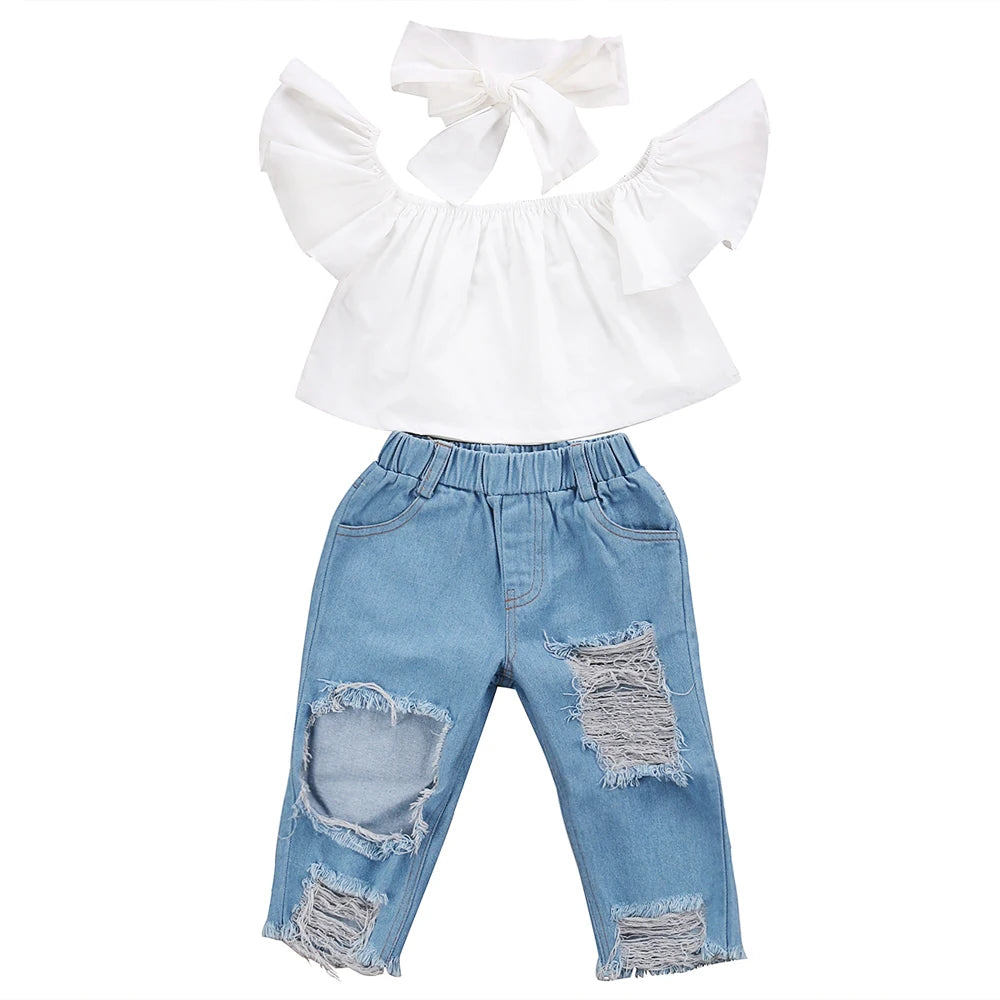 US Stock Fashion Toddler Girls Kids 2-6 Years Clothes Set Off Shoulder Tops Denim Pants Jeans Outfits Set Clothes 1-6Y