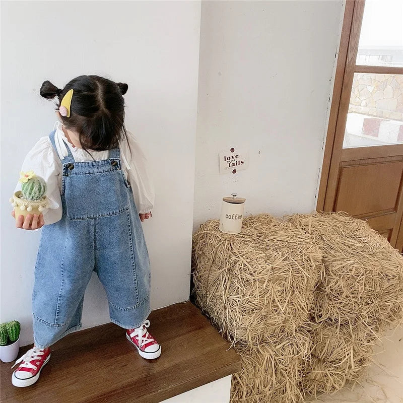 Korean style Spring Fall Kids Children Oversized Wide Leg Denim Overalls Baby Clothes Boys Girls Loose All-match Casual Pants
