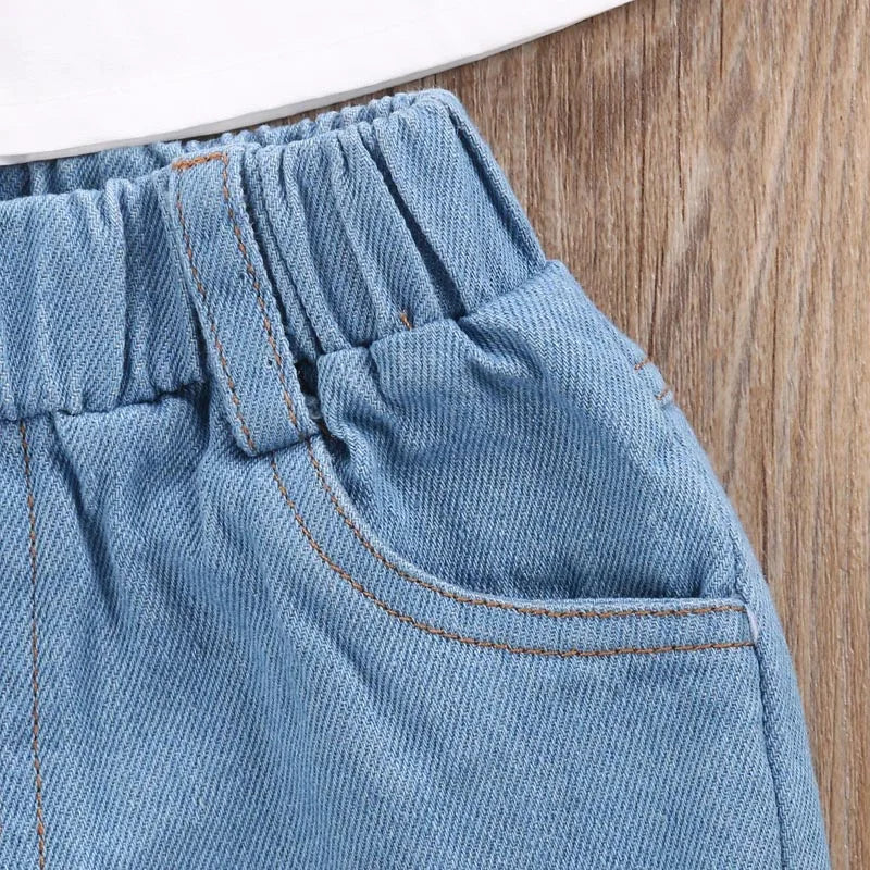 US Stock Fashion Toddler Girls Kids 2-6 Years Clothes Set Off Shoulder Tops Denim Pants Jeans Outfits Set Clothes 1-6Y