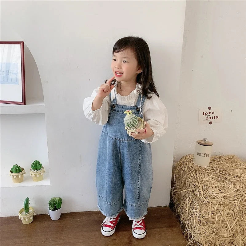 Korean style Spring Fall Kids Children Oversized Wide Leg Denim Overalls Baby Clothes Boys Girls Loose All-match Casual Pants