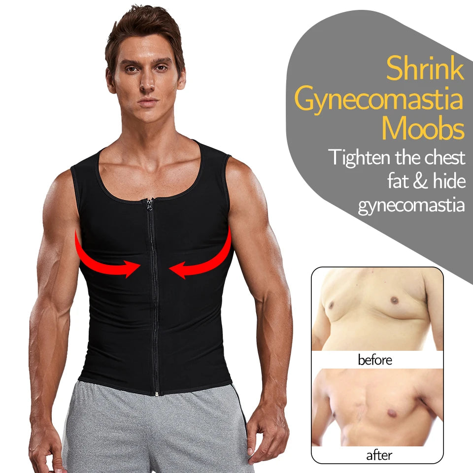 Men Sauna Sweat Vest Waist Trainer Corset Zipper Workout Tank Top Slimming Body Shaper Compression Shirt Weight Loss Fat Burner