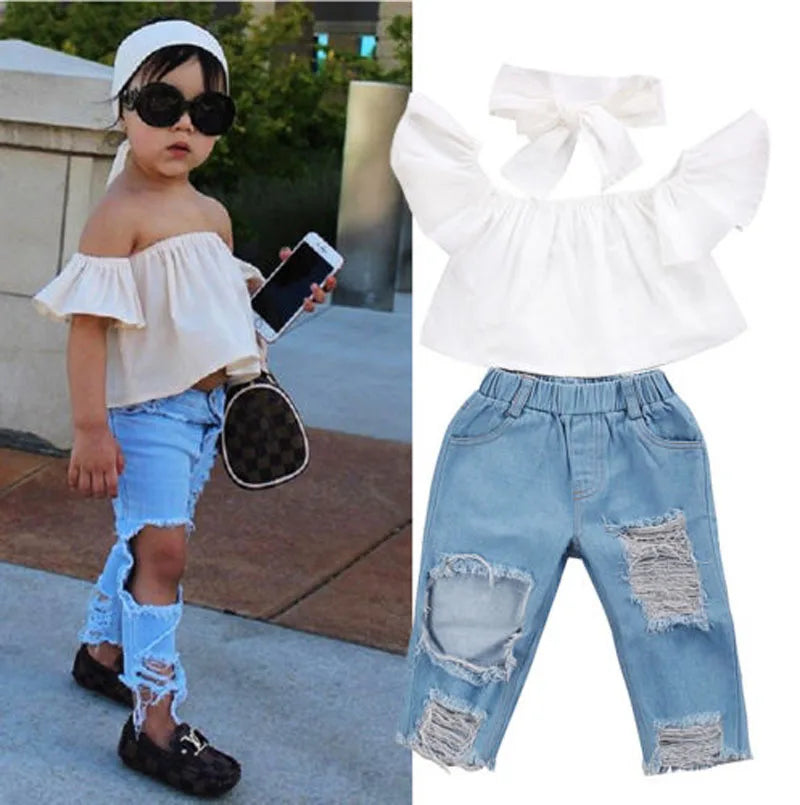 US Stock Fashion Toddler Girls Kids 2-6 Years Clothes Set Off Shoulder Tops Denim Pants Jeans Outfits Set Clothes 1-6Y
