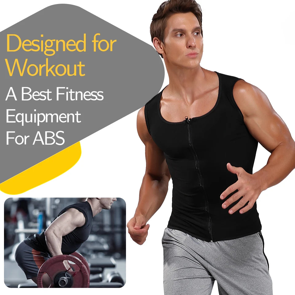 Men Sauna Sweat Vest Waist Trainer Corset Zipper Workout Tank Top Slimming Body Shaper Compression Shirt Weight Loss Fat Burner