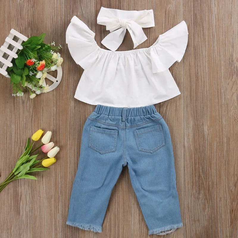 US Stock Fashion Toddler Girls Kids 2-6 Years Clothes Set Off Shoulder Tops Denim Pants Jeans Outfits Set Clothes 1-6Y